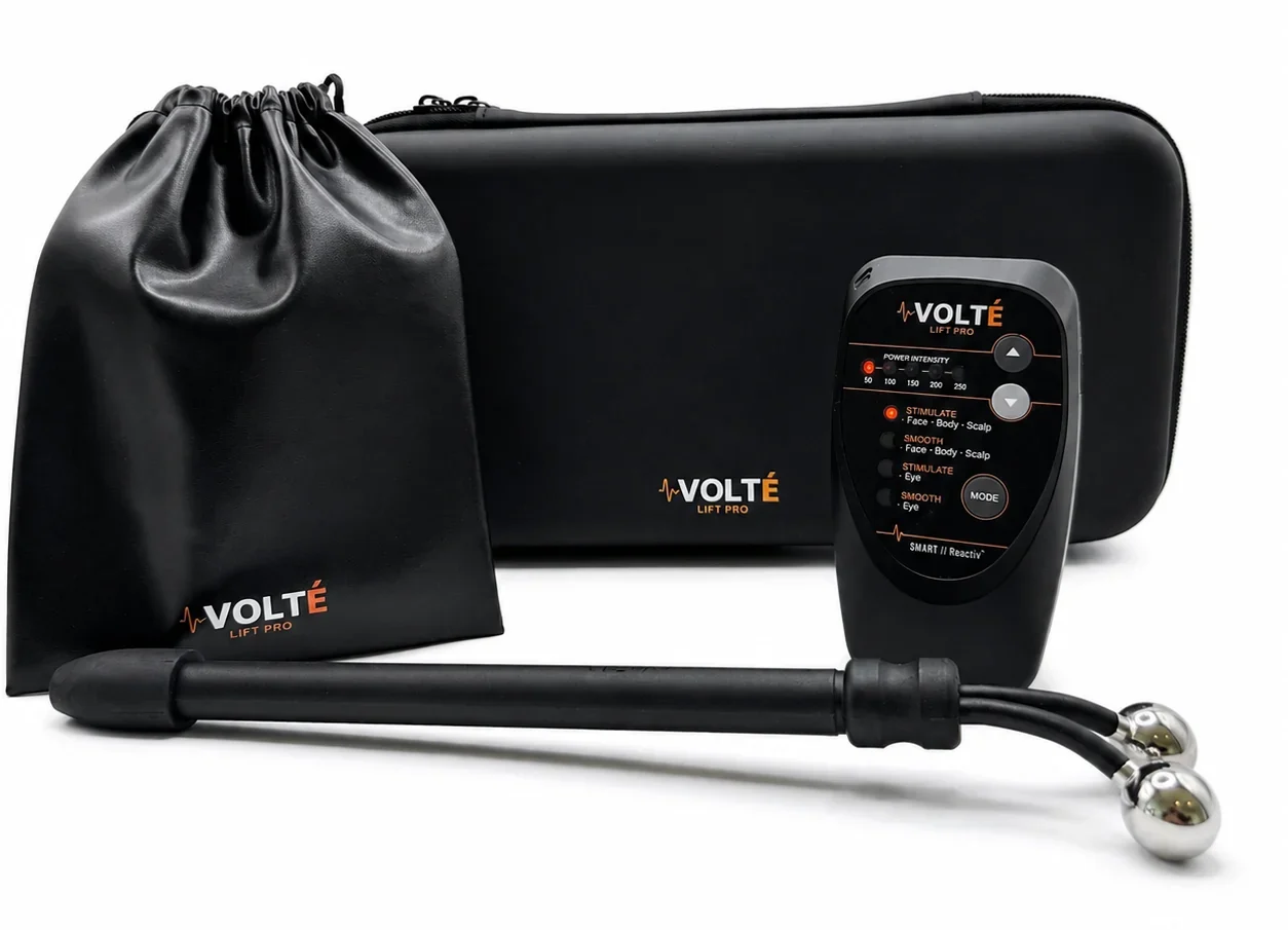 VOLTÉ Lift Pro kit in black: the device, the wand, a travel case and a vegan leather bag