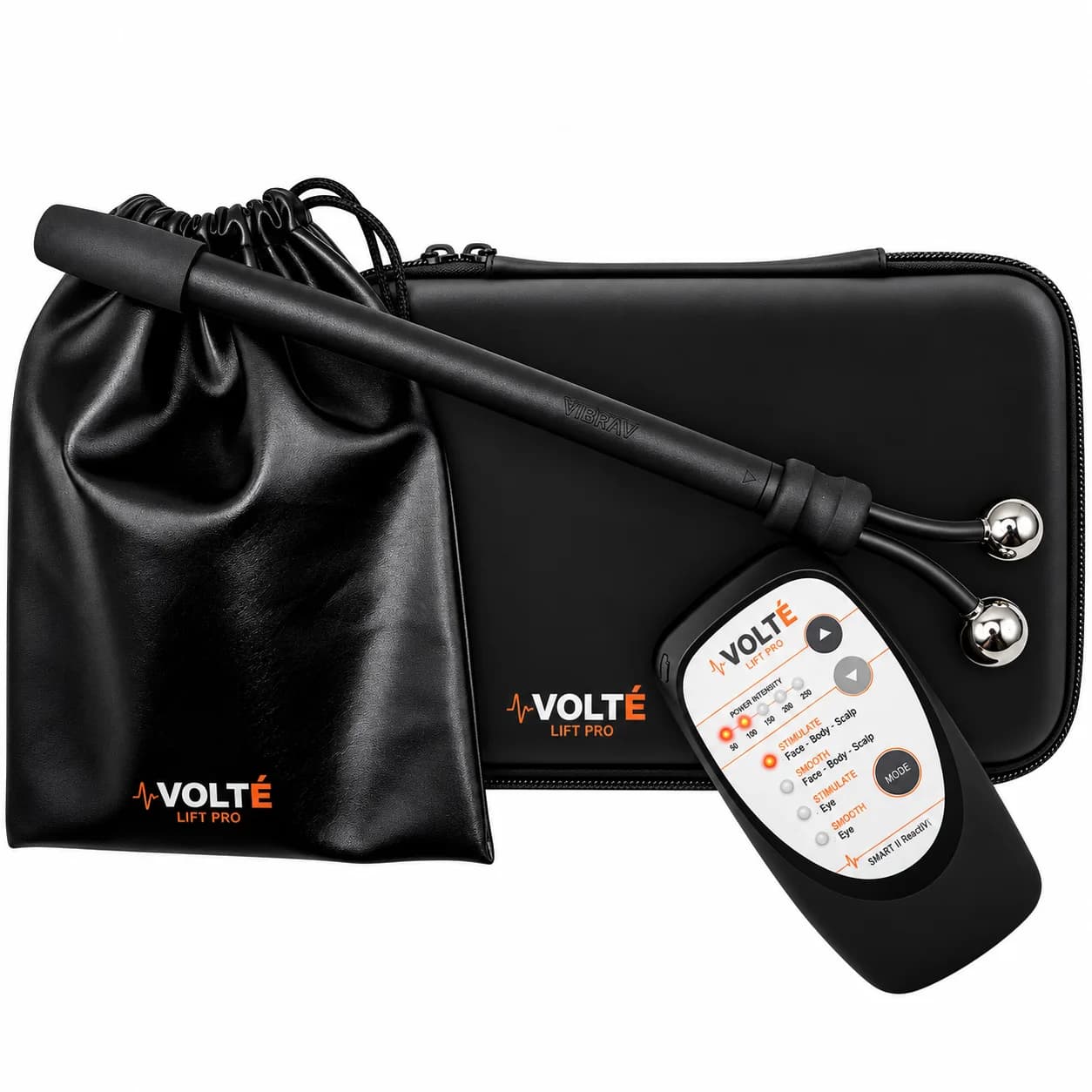 VOLTÉ Lift Pro kit in white: the device, the wand, a travel case and a vegan leather bag
